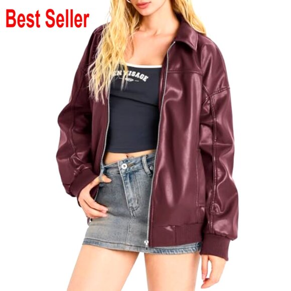 Oversized Faux Leather Bomber Jacket Zip Up Moto Biker Coat - Picture 2 of 7